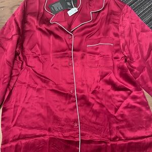 Elegant Red Satin Pajama Set with White Trim